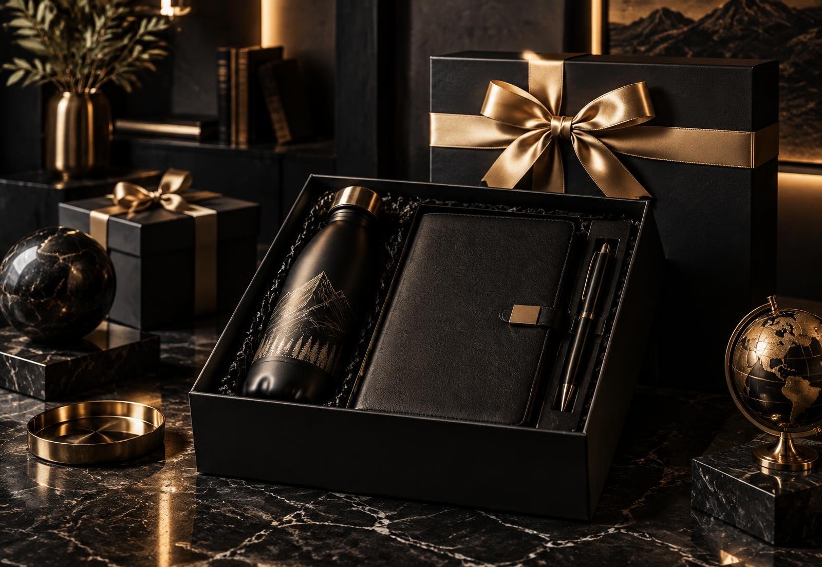 Premium corporate gift box with engraved bottle, notebook and pen