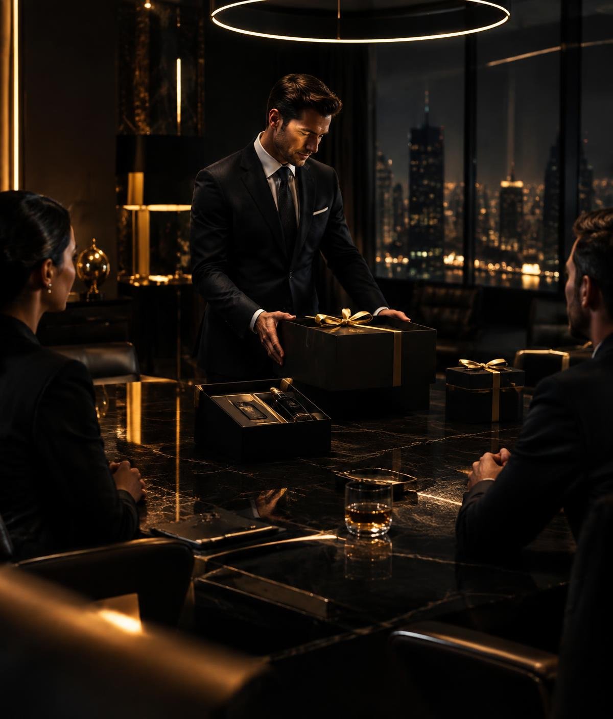 Executive presenting a premium corporate gift box